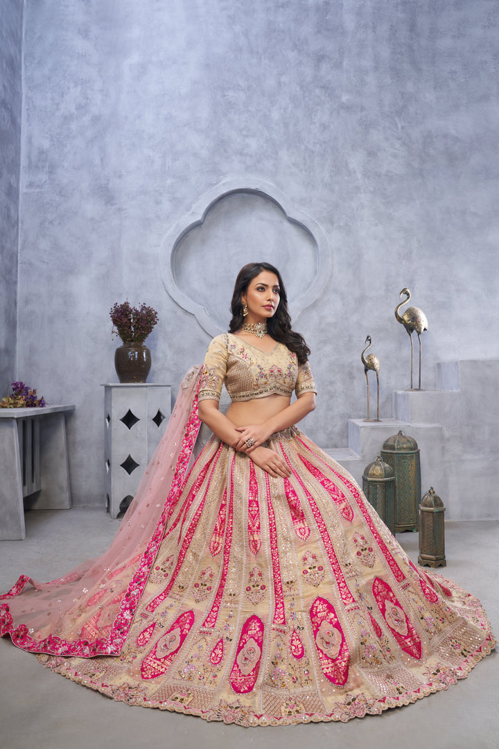 Organza Silk Bridal Lehenga Choli with Intricate Paisley Motifs & Soft Net Dupatta - qivii