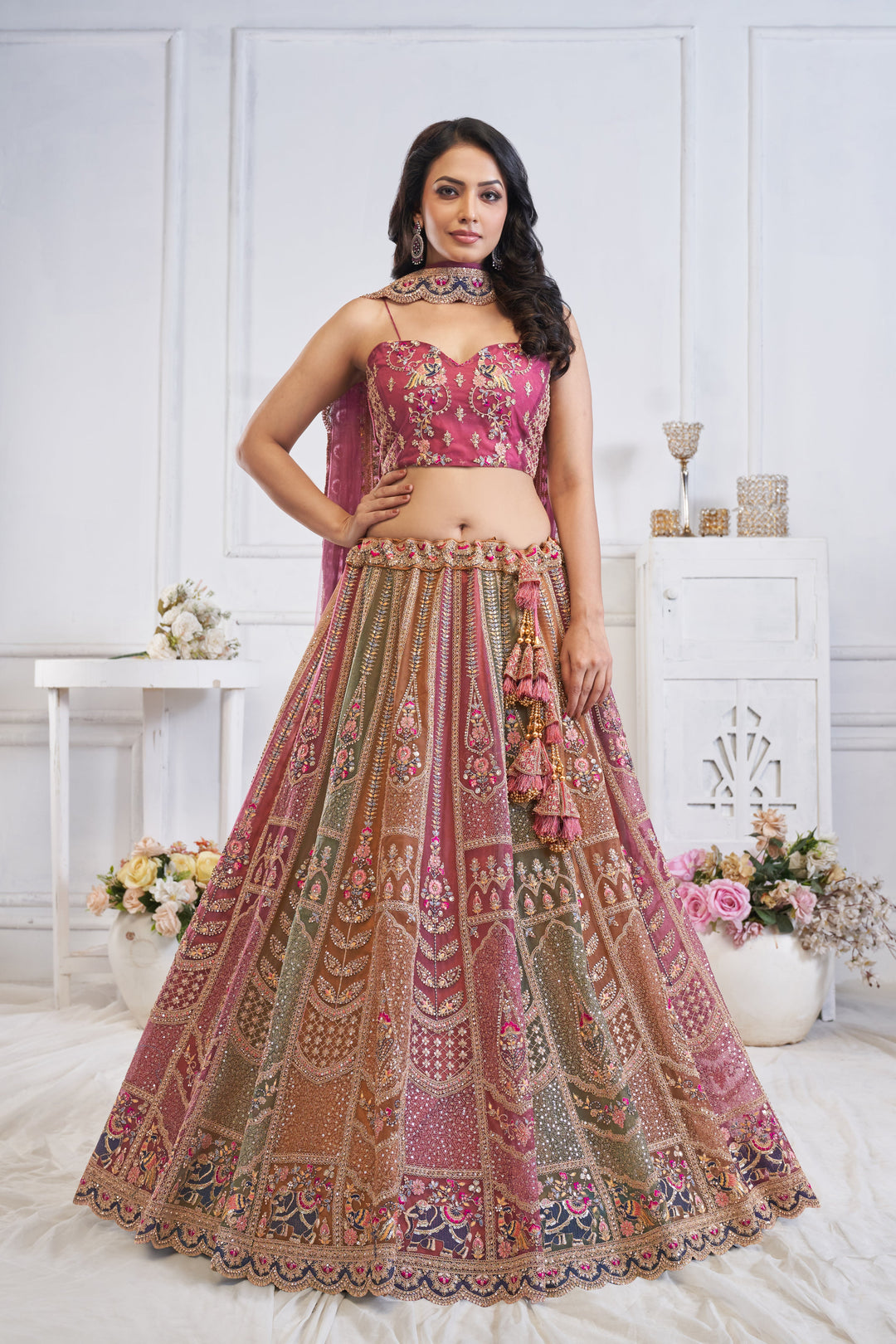 Majestic Multi-Color Zari Weaving Net Lehenga Choli With Dupatta - qivii