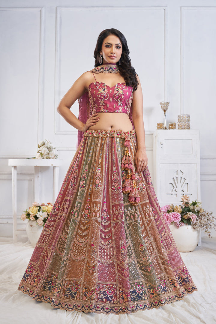 Majestic Multi-Color Zari Weaving Net Lehenga Choli With Dupatta - qivii