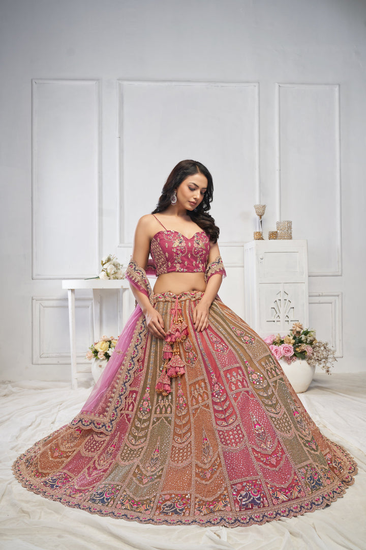 Majestic Multi-Color Zari Weaving Net Lehenga Choli With Dupatta - qivii