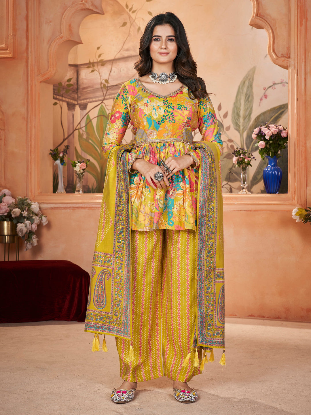 Tantalizing Yellow Printed Silk Traditional Palazzo Suit With Dupatta - Elegant and vibrant ethnic outfit perfect for special occasions