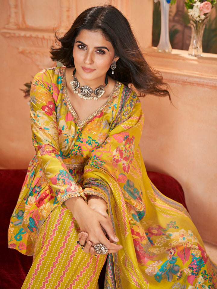 Tantalizing Yellow Printed Silk Traditional Palazzo Suit With Dupatta for women