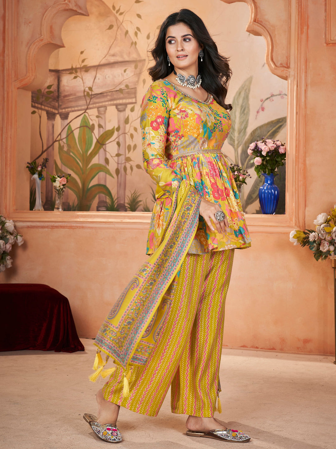 Tantalizing Yellow Printed Silk Traditional Palazzo Suit With Dupatta for women