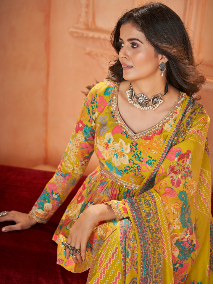 Tantalizing yellow printed silk traditional palazzo suit with dupatta for women