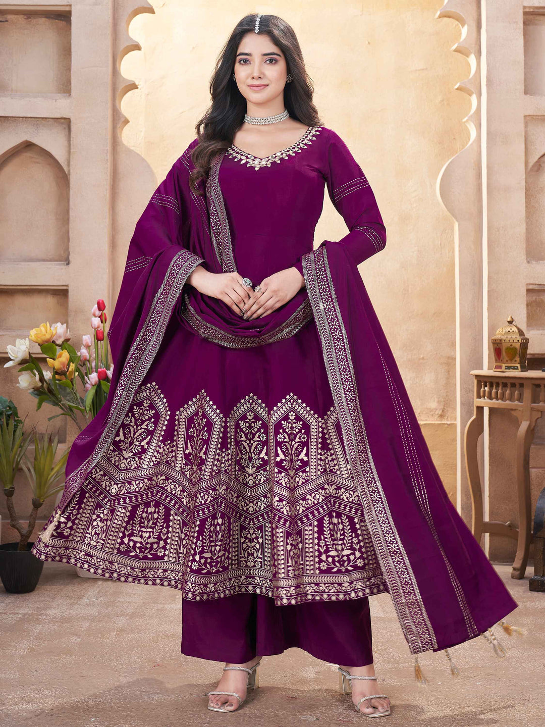 Marvelous Purple Foil Printed Silk Festival Wear Anarkali Suit Palazzo - Elegant and vibrant silk Anarkali suit with palazzo for festivals