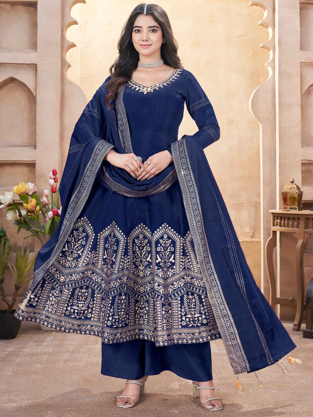 Beautiful navy blue foil printed silk anarkali suit with palazzo for special occasions