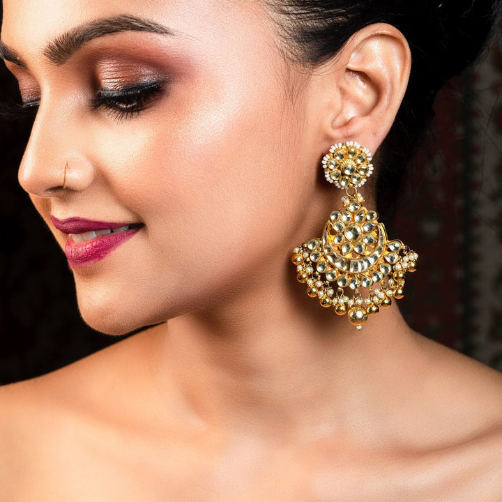 Apsara Gold Plated Pachi Kundan Chandbali Earrings with Khakha Moti Border and Small Pearl Beads