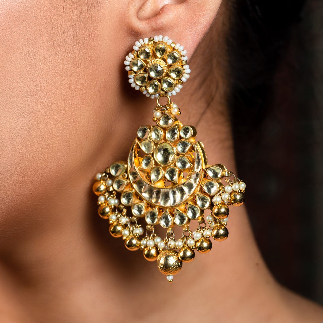 Elegant Apsara Gold Plated Pachi Kundan Chandbali Earrings with Khakha Moti Border