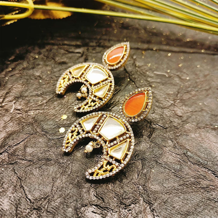  Stunning Anjali Orange Gold Plated Kundan Earrings With American Diamond Border