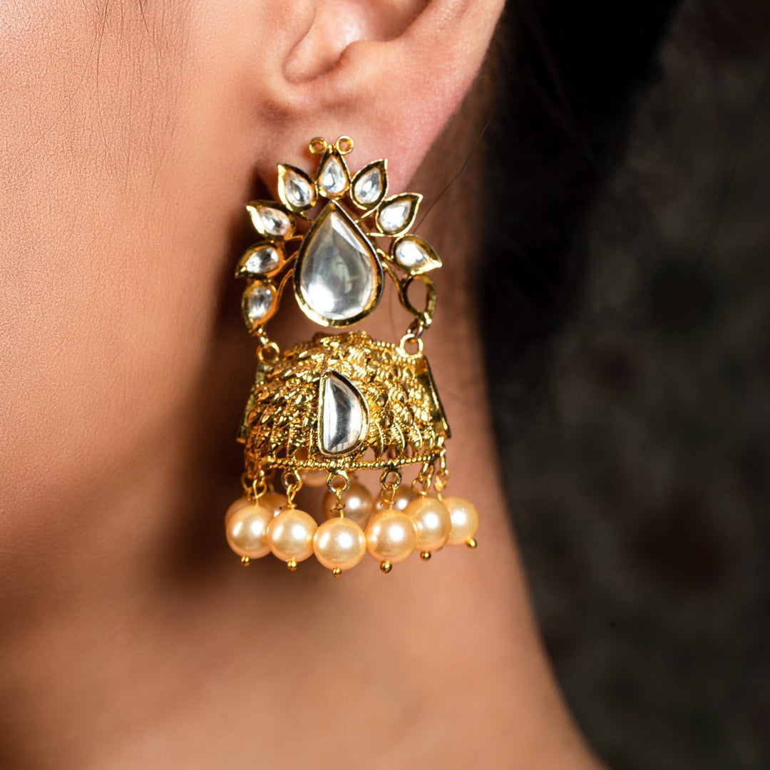  Elegant traditional jhumki earrings with antique texture and kundan stones