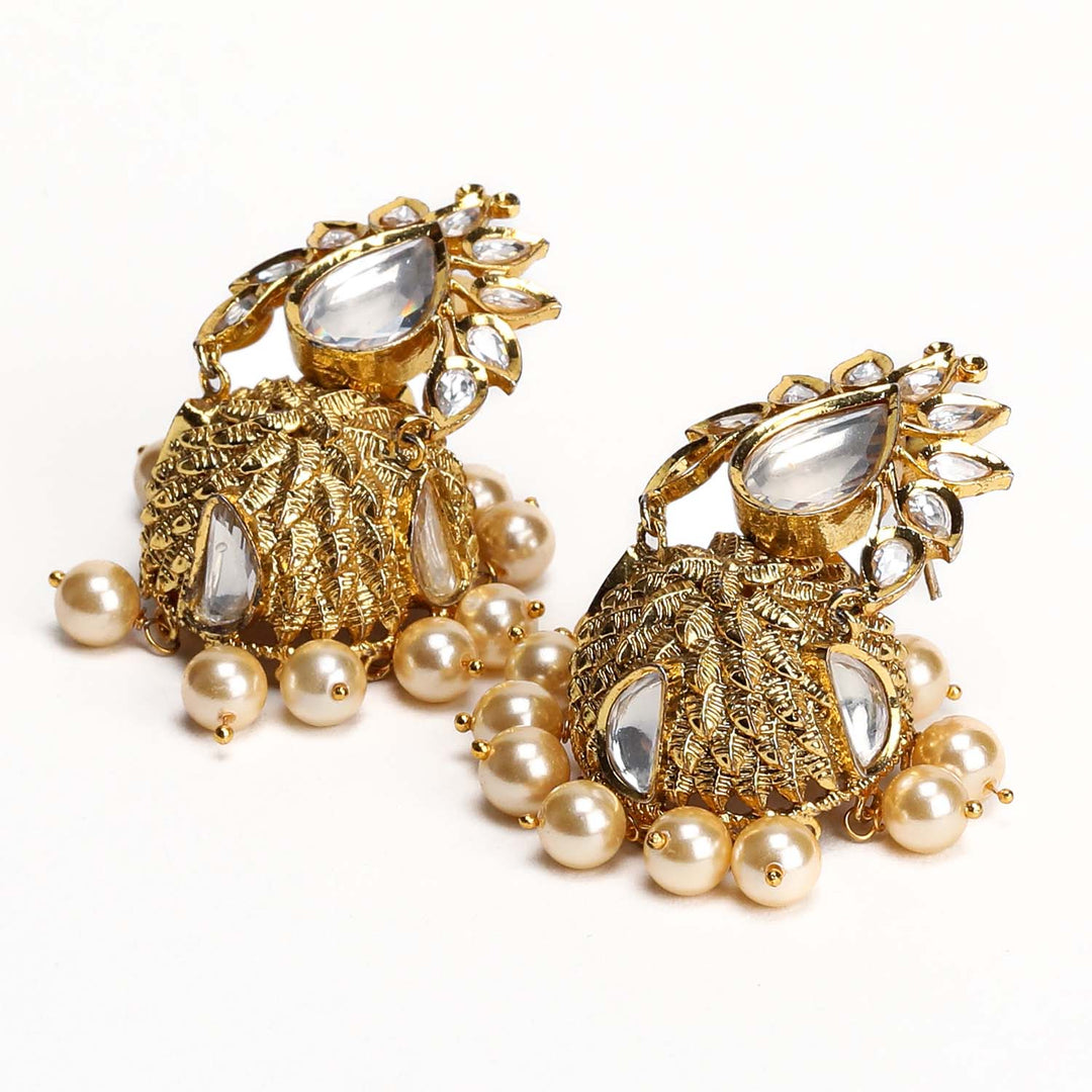  Stunning pearl drops gold plated kundan jhumki earrings with antique texture