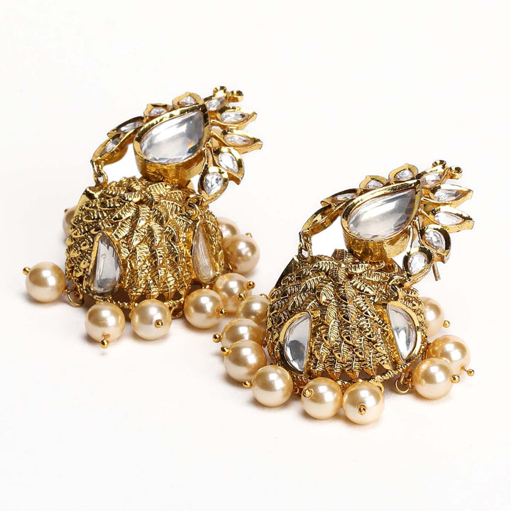  Stunning pearl drops gold plated kundan jhumki earrings with antique texture