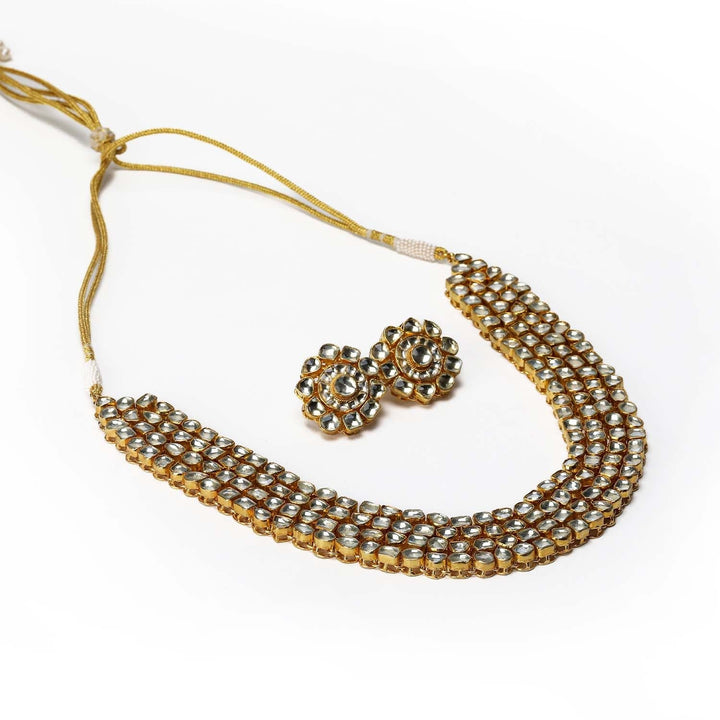 Aamira Golden Coloured Pachi Kundan Long Necklace Set featuring hand curated high quality uneven shape Pachi Kundan pieces and round studs