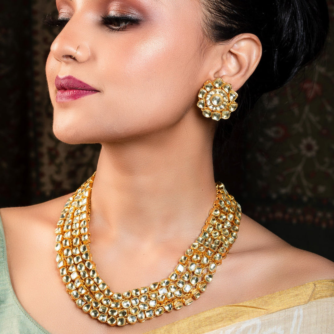 High quality Aamira Golden Coloured Pachi Kundan Long Necklace Set with hand curated uneven shape Pachi Kundan pieces
