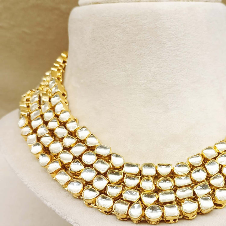 Aamira Golden Coloured Pachi Kundan Long Necklace Set with beautifully designed three layered neckpiece and round studs