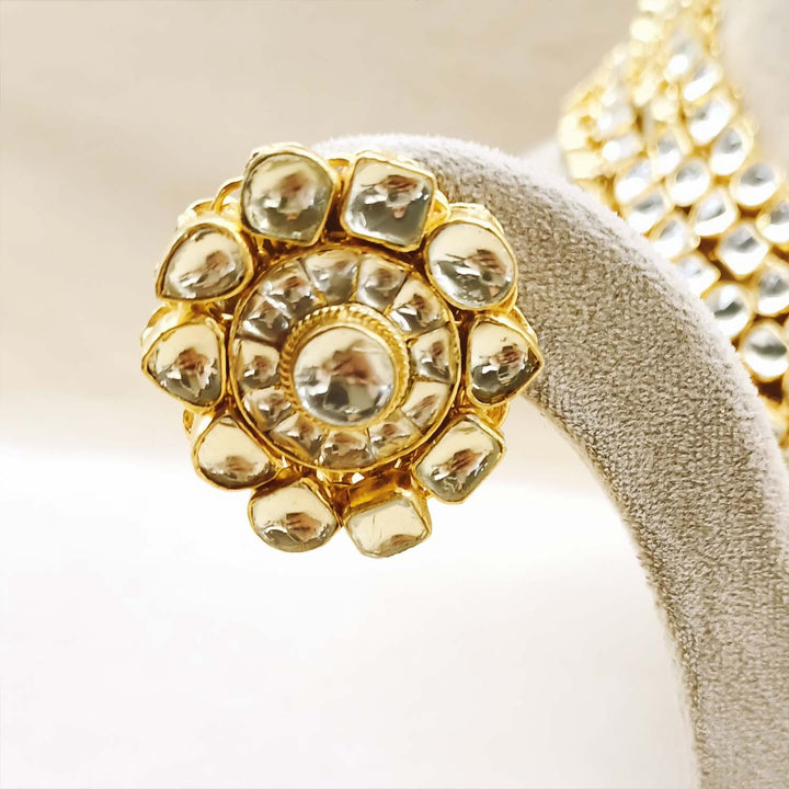 Aamira Golden Coloured Pachi Kundan Long Necklace Set showcasing high quality uneven shape Pachi Kundan pieces and round studs