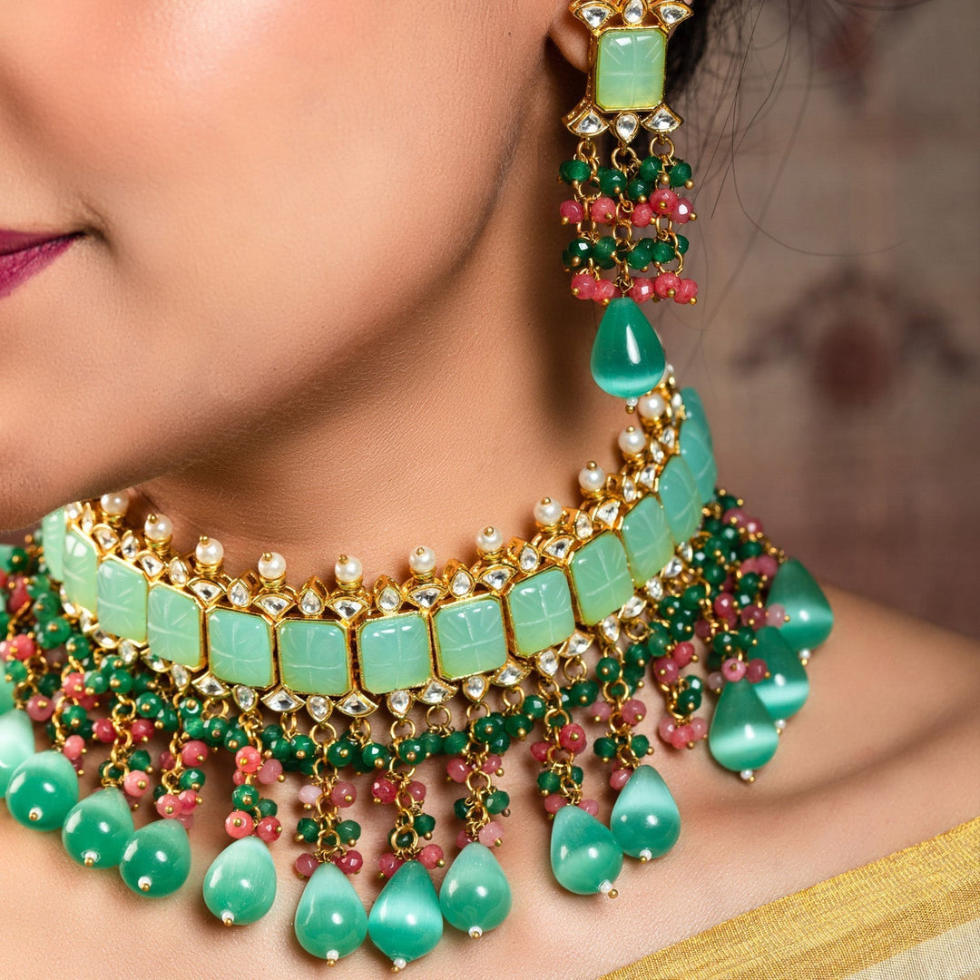 Aafizah Mint Green & Pink Gold Plated Choker Kundan Set with intricate design and stunning gemstones