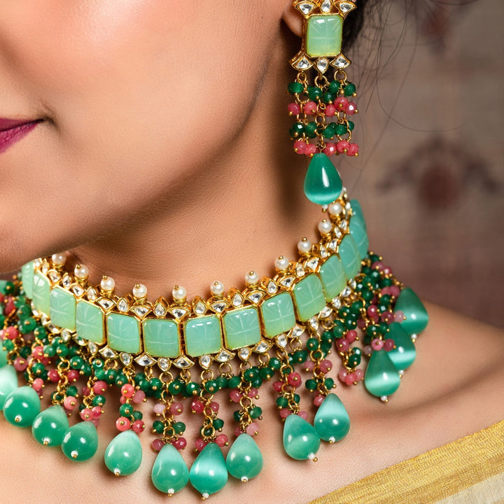 Aafizah Mint Green & Pink Gold Plated Choker Kundan Set with intricate design and stunning gemstones