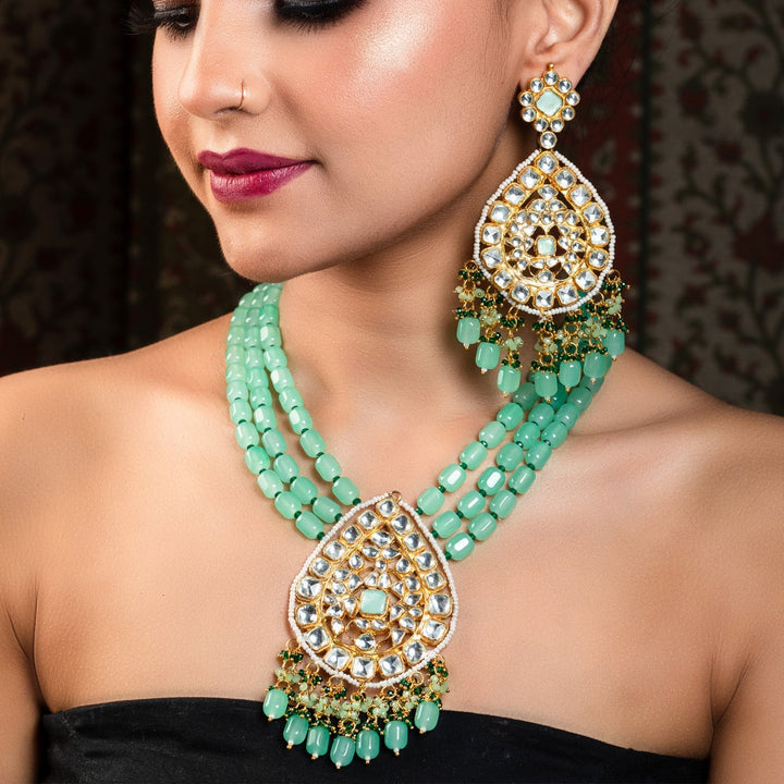 Beautiful Afraah Mint Green Stone Gold Plated Pachi Kundan Pendant Set