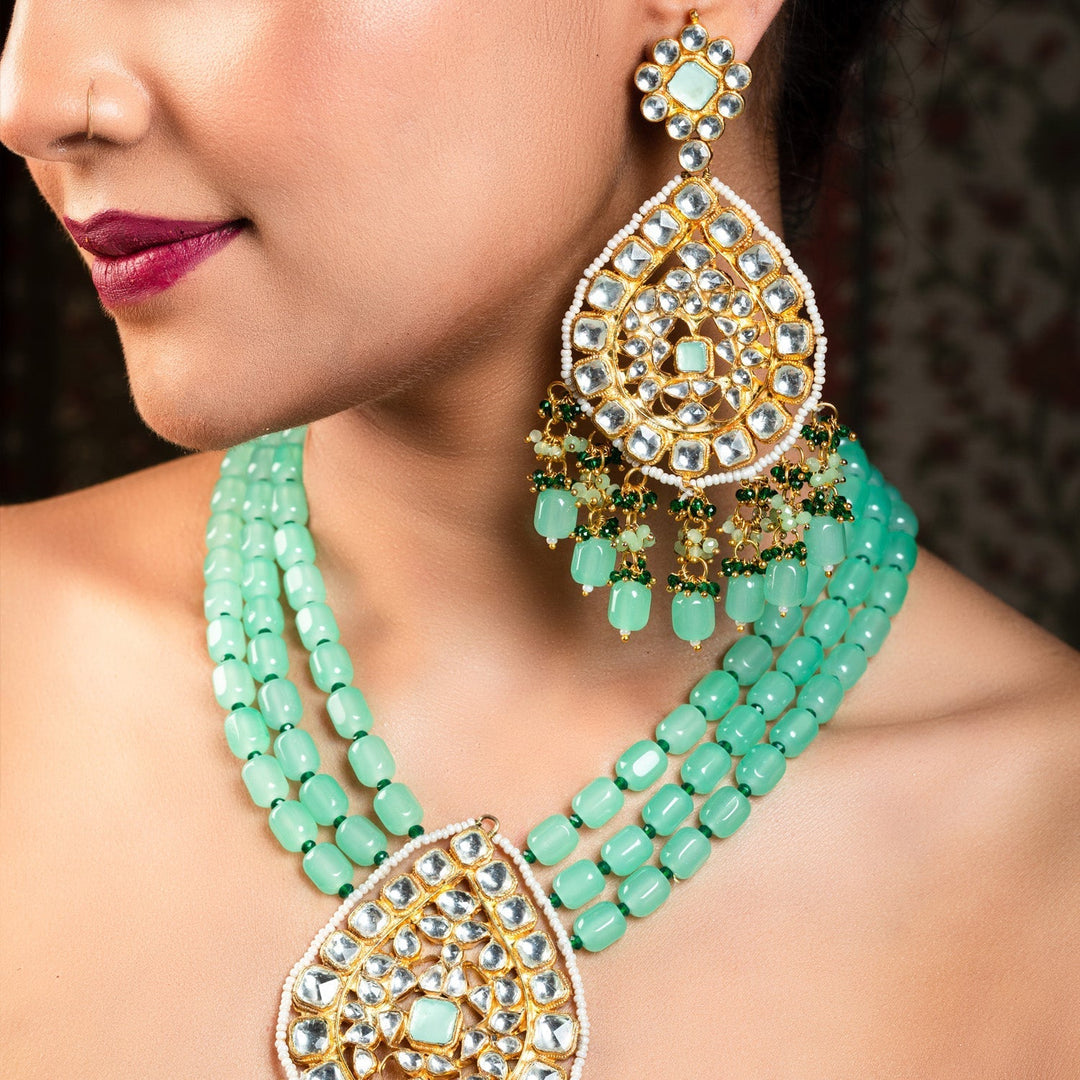 Afraah Mint Green Stone Gold Plated Pachi Kundan Pendant Set - Traditional Indian jewelry with intricate detailing and stunning green stone