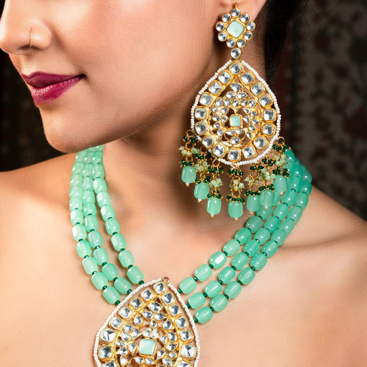 Afraah Mint Green Stone Gold Plated Pachi Kundan Pendant Set - Traditional Indian jewelry with intricate detailing and stunning green stone