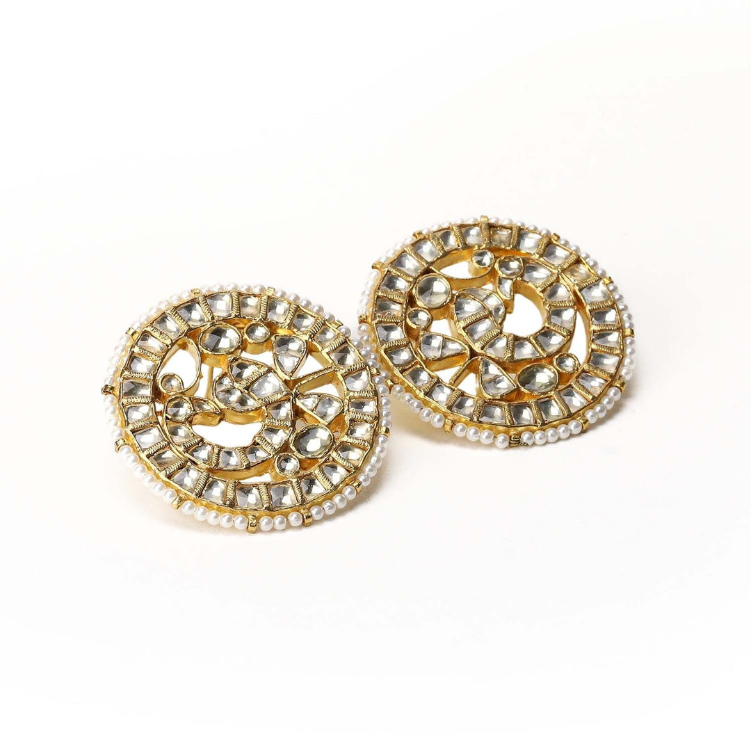 Aanchal Cream Beads Gold Plated Round Kundan Tops - qivii