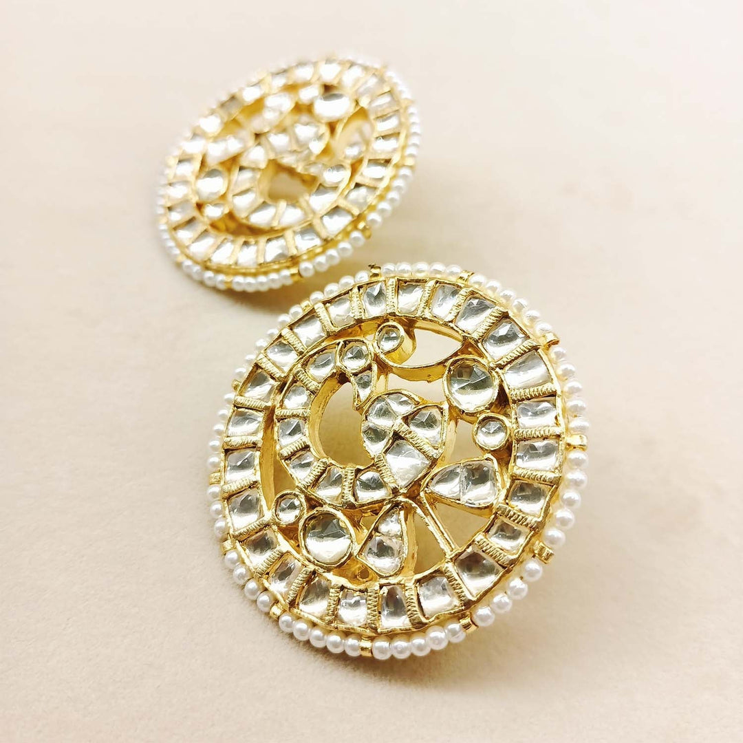 Aanchal Cream Beads Gold Plated Round Kundan Tops - qivii
