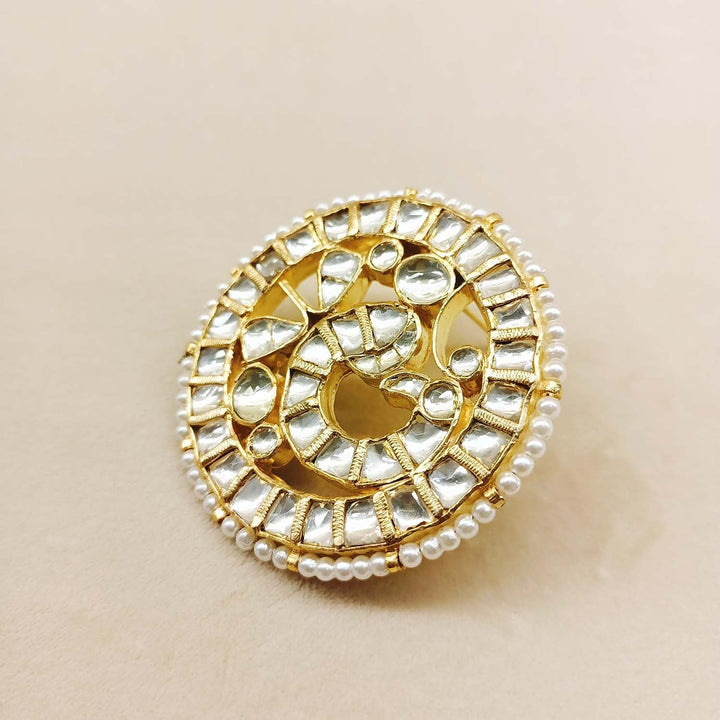 Aanchal Cream Beads Gold Plated Round Kundan Tops - qivii