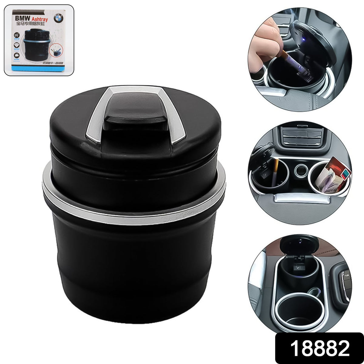 Portable Car Ashtray with Lid – Blue LED Light, Includes Color Box