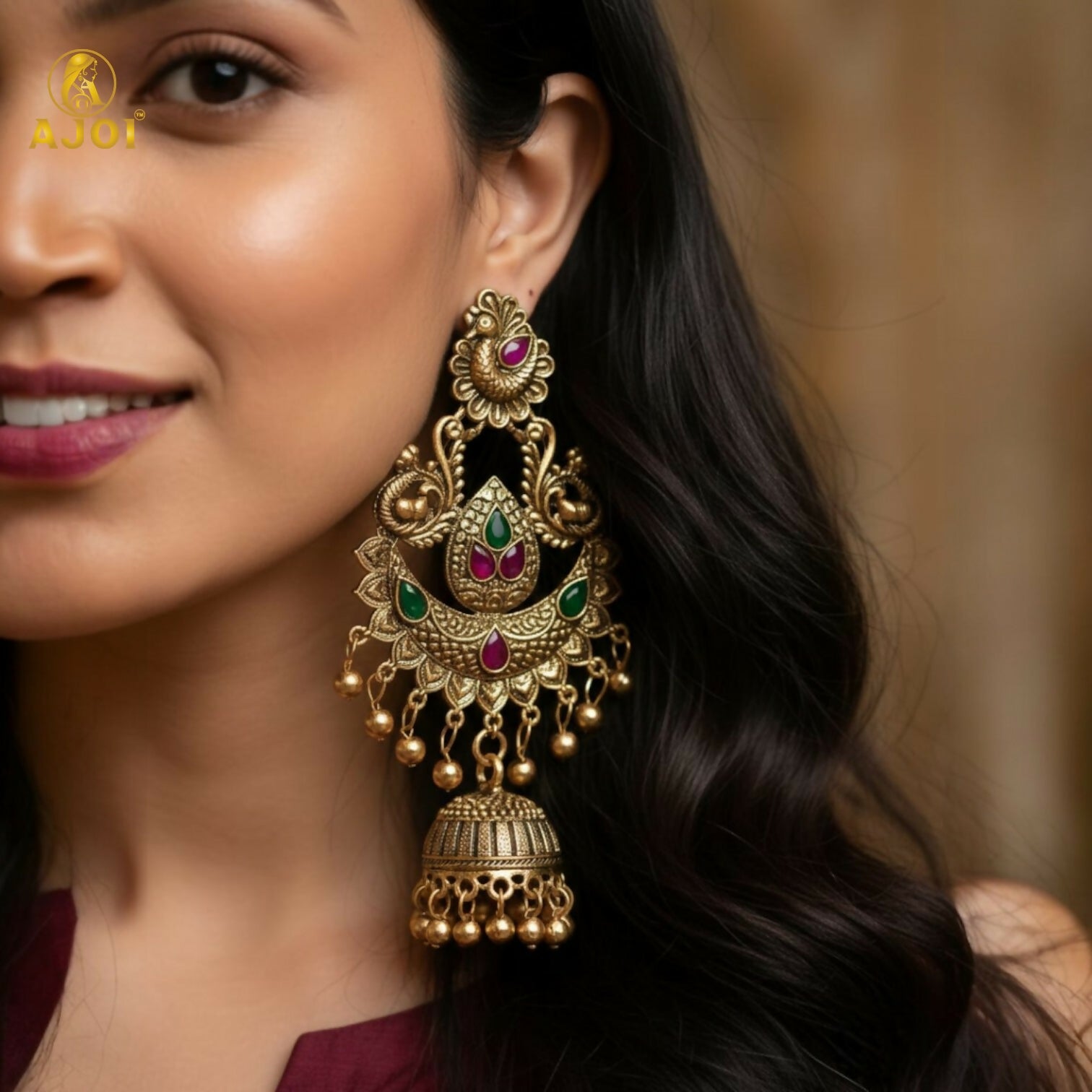 Traditional Gold Plated Peacock Design Jhumka Earrings with Green & Pink Stones for Women
