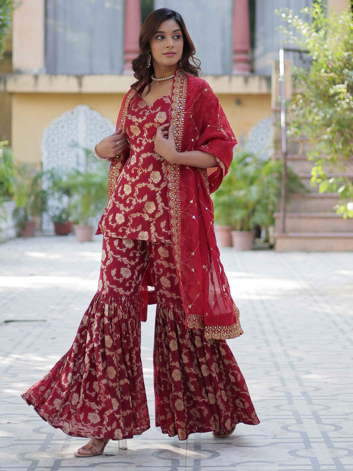 Glorious Maroon Weaving Jacquard Event Wear Sharara Suit for women