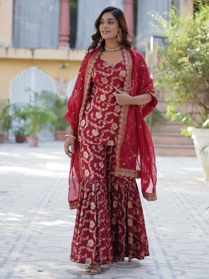 Glorious Maroon Weaving Jacquard Event Wear Sharara Suit with intricate design and elegant craftsmanship