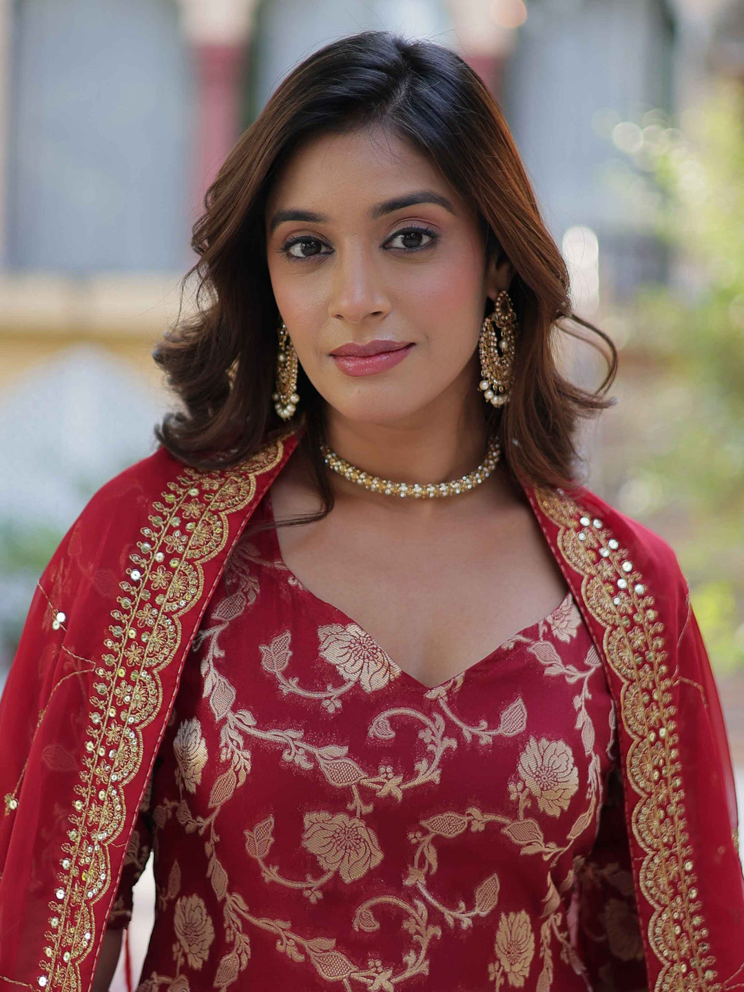 Glorious Maroon Weaving Jacquard Event Wear Sharara Suit with intricate designs and elegant appeal