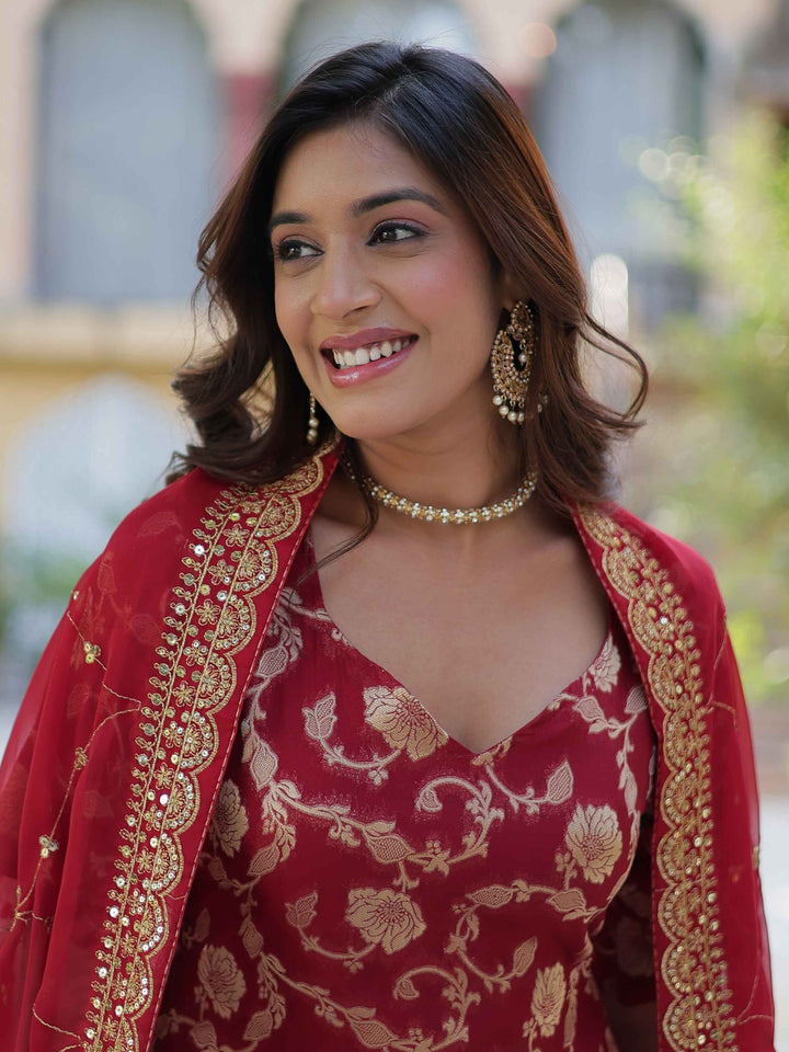 Gorgeous maroon weaving jacquard sharara suit perfect for special events