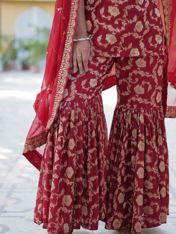 Gorgeous maroon weaving jacquard sharara suit for elegant event wear