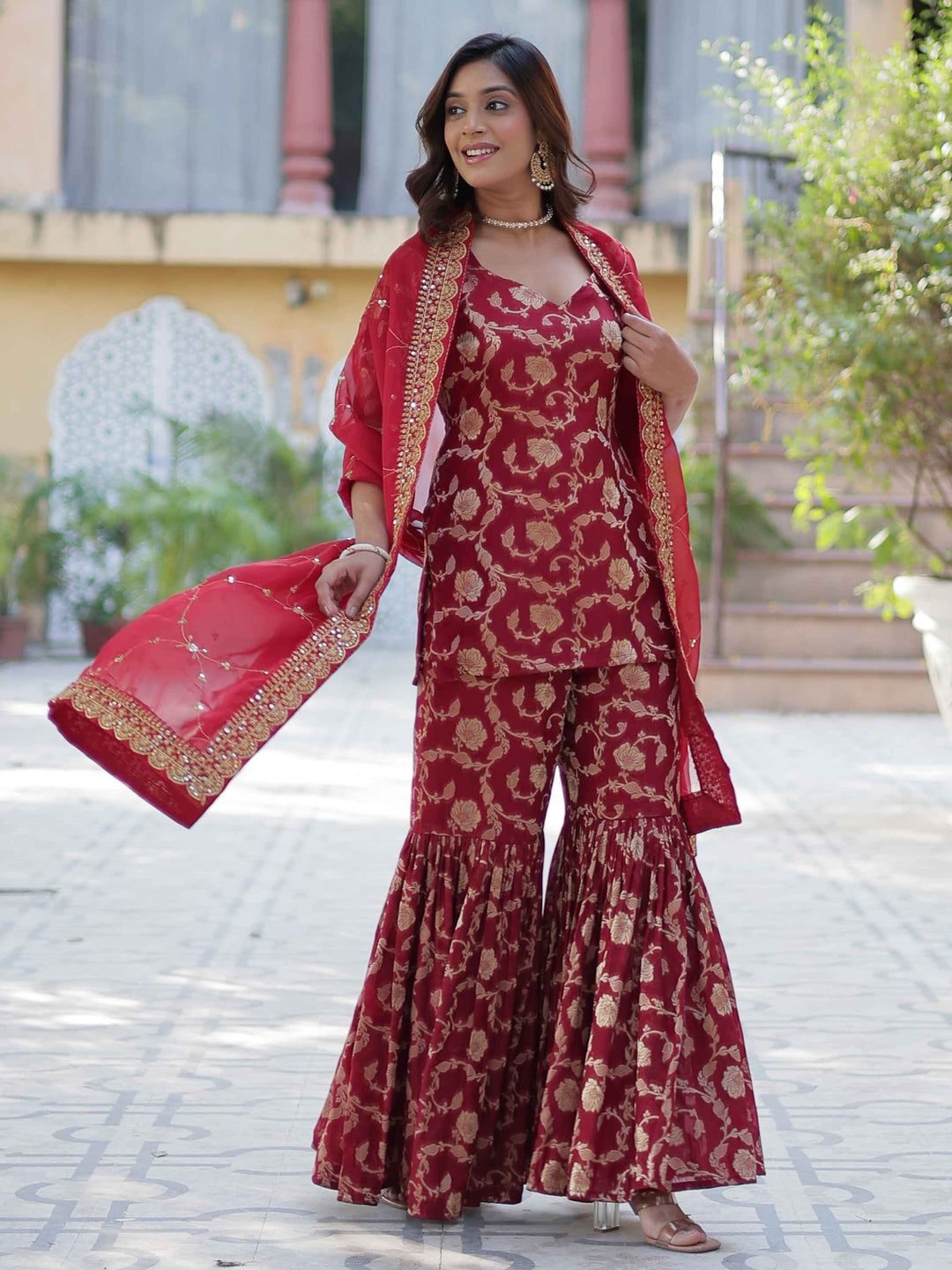 Maroon weaving jacquard sharara suit with intricate detailing for events