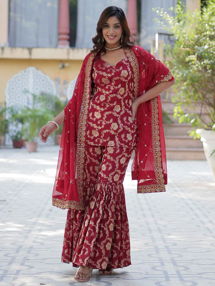 Glorious Maroon Weaving Jacquard Event Wear Sharara Suit with intricate detailing and elegant design