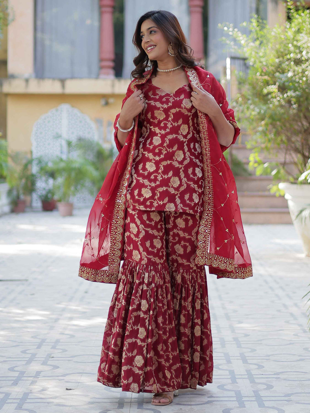 Beautiful maroon weaving jacquard sharara suit for special events