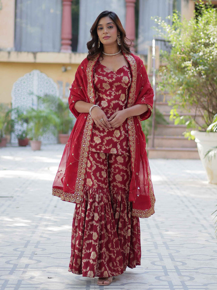 Glorious Maroon Weaving Jacquard Event Wear Sharara Suit with Intricate Design