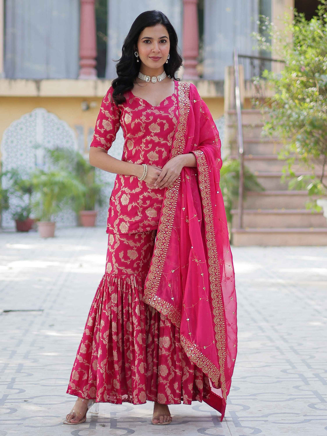 Incredible Pink Weaving Jacquard Festival Wear Sharara Suit for Women