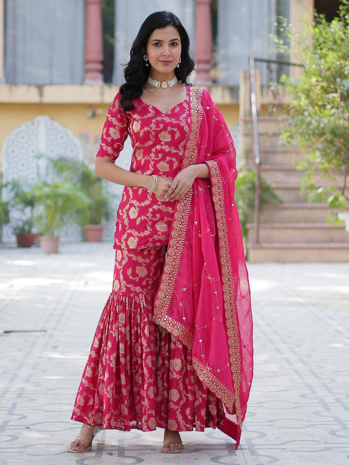 Incredible Pink Weaving Jacquard Festival Wear Sharara Suit for Women