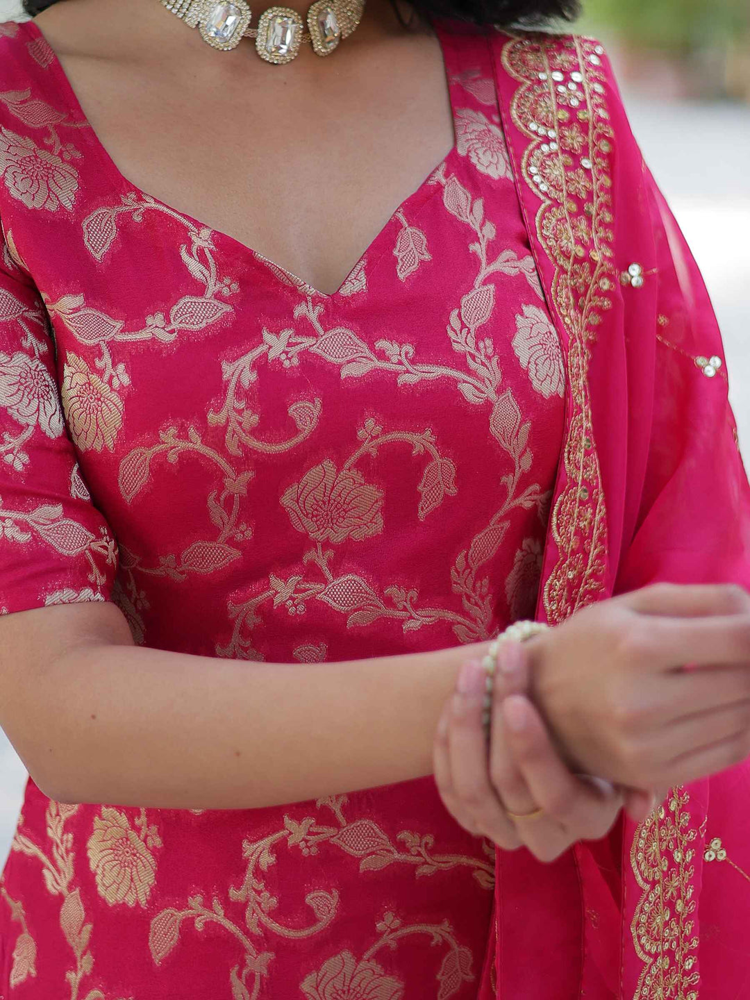 Incredible Pink Weaving Jacquard Festival Wear Sharara Suit with Intricate Embroidery Detailing