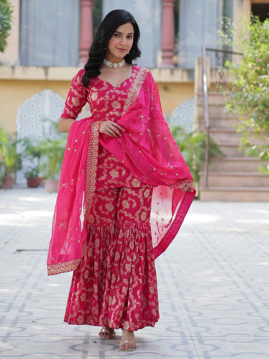 Incredible pink weaving jacquard festival wear sharara suit with intricate detailing
