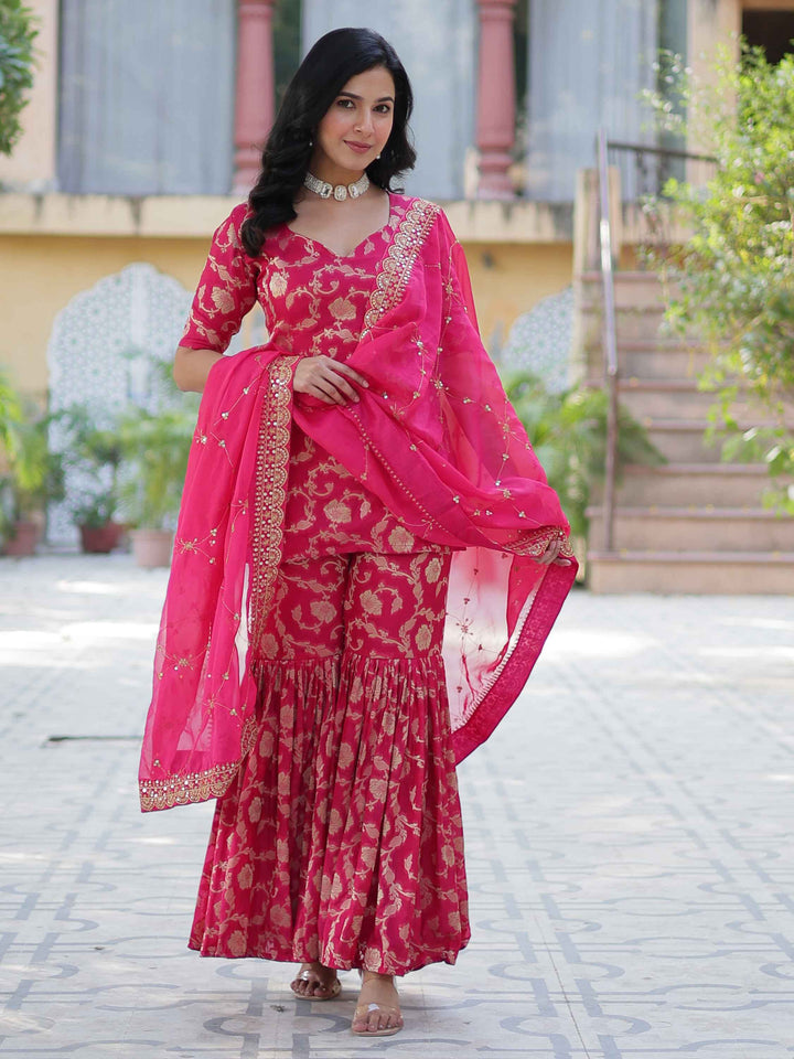 Incredible pink weaving jacquard festival wear sharara suit with intricate detailing