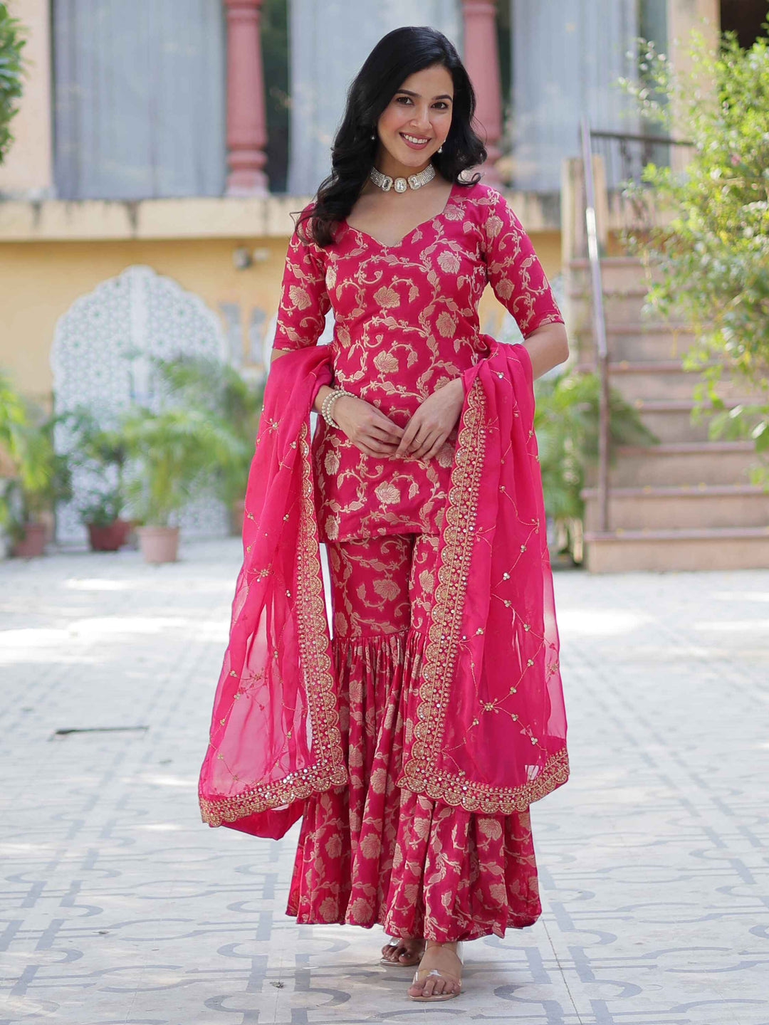 Beautiful pink weaving jacquard sharara suit for festival wear