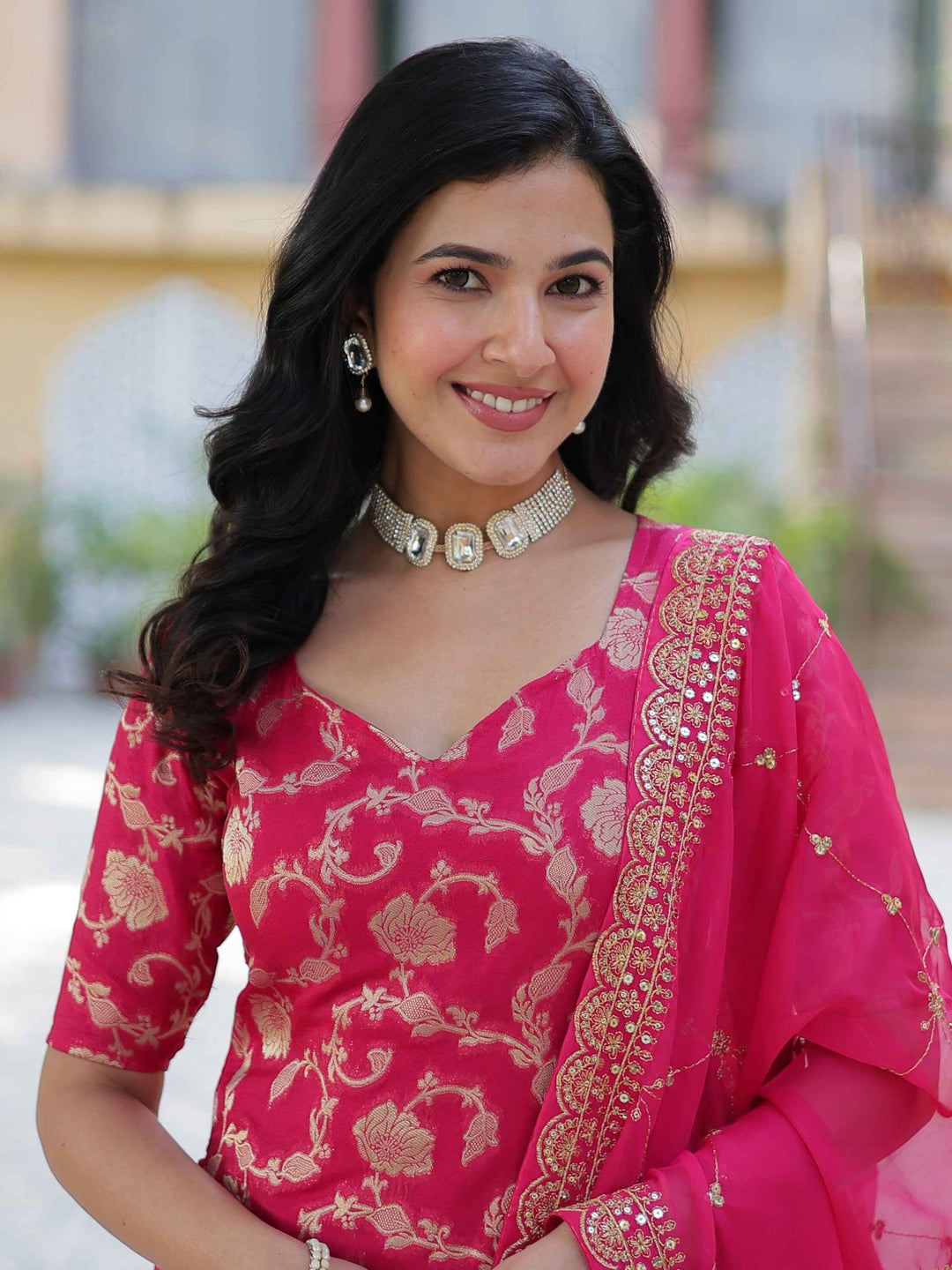 Incredible Pink Weaving Jacquard Festival Wear Sharara Suit with Intricate Design and Elegant Embroidery