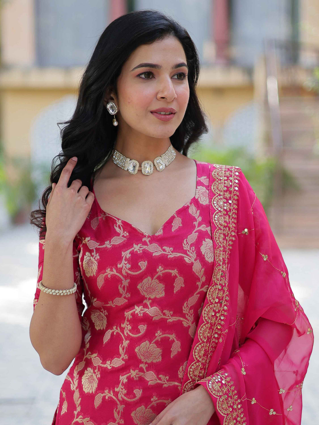 Incredible Pink Weaving Jacquard Festival Wear Sharara Suit for women