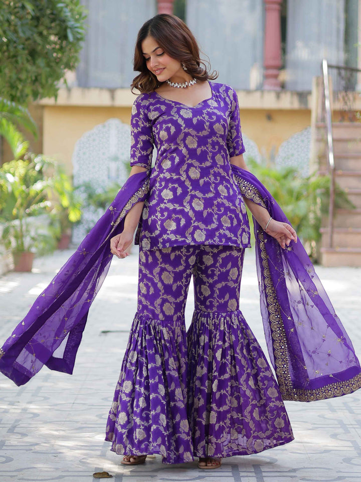 Elegant and comfortable purple jacquard function wear sharara suit