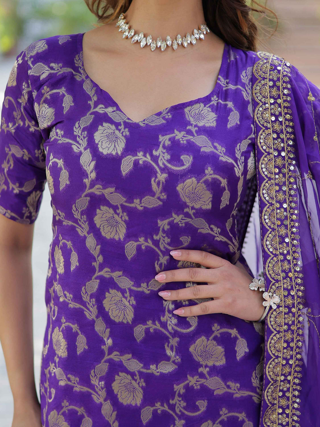Purple jacquard ensemble with georgette dupatta for a memorable entrance