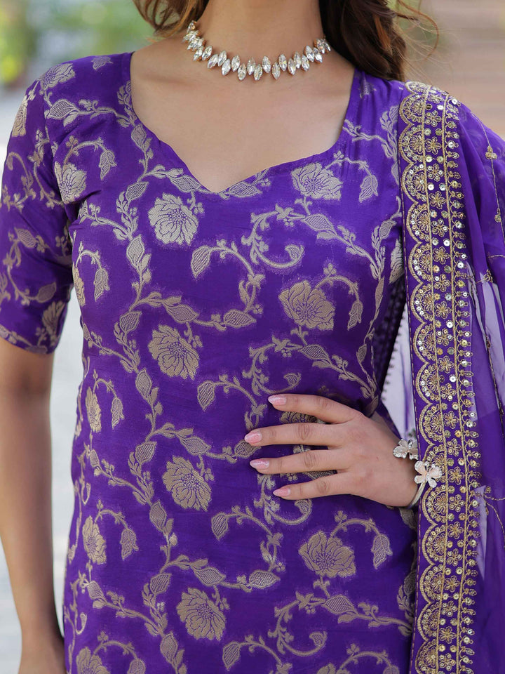 Purple jacquard ensemble with georgette dupatta for a memorable entrance